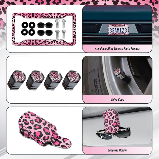 Alt view image 4 of 7 - 23 Pcs Car Seat Cover Full Set for Women,Universal Car Seat Cover, Print Printing Car Steering Wheel Cover Center Console Armrest,Sunglass Holder Accessories Full SUV (Pink Leopard Print)
