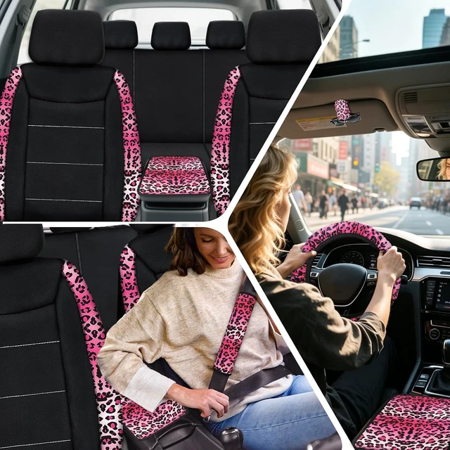Alt view image 7 of 7 - 23 Pcs Car Seat Cover Full Set for Women,Universal Car Seat Cover, Print Printing Car Steering Wheel Cover Center Console Armrest,Sunglass Holder Accessories Full SUV (Pink Leopard Print)