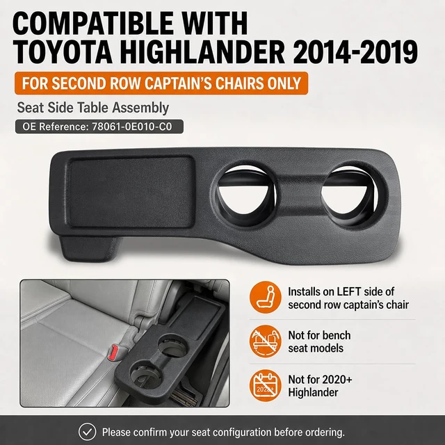 Alt view image 3 of 7 - Seat Armrest Cup Holder Compatible with Toyota Highlander 2014-2019 Second Row Captains Chairs, Seat Side Table Assembly Replaces 78061-0E010-C0, Black