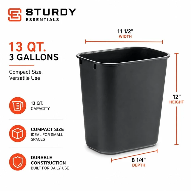 Alt view image 2 of 7 - 3.5 Gallon Black Wastebasket Under Desk Plastic Trash Can | 5 PACK