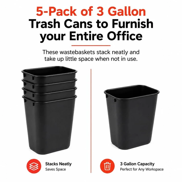 Alt view image 5 of 7 - 3.5 Gallon Black Wastebasket Under Desk Plastic Trash Can | 5 PACK