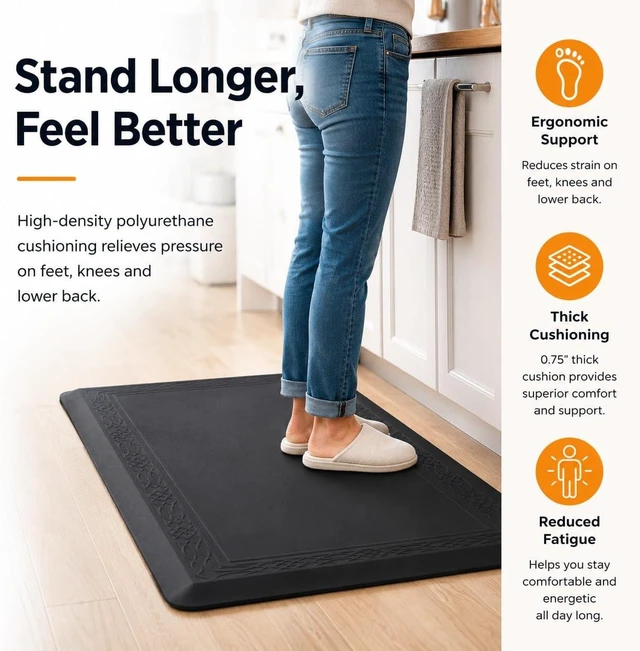 Alt view image 2 of 7 - 24 x 60 Inch Extra Support Anti Fatigue Comfort Kitchen Mat, Waterproof Long Kitchen Runner, Non-Slip Standing Desk Mat, Commercial Pads for Offices, Home, Garages (Bordeaux Black, 24'' x 60'')