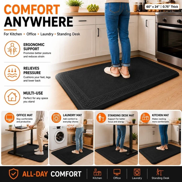 Alt view image 7 of 7 - 24 x 60 Inch Extra Support Anti Fatigue Comfort Kitchen Mat, Waterproof Long Kitchen Runner, Non-Slip Standing Desk Mat, Commercial Pads for Offices, Home, Garages (Bordeaux Black, 24'' x 60'')