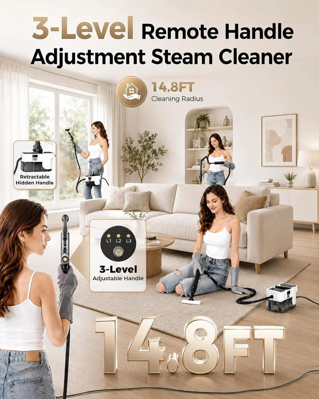 Alt view image 2 of 7 - Steam Cleaner, 3 Level Adjustable Handle with 18 Accessories, White