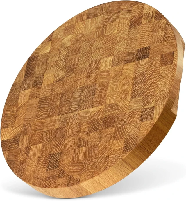 Main image of End Grain 12" Round European Oak Wood Cutting Board, Butcher Block, Wooden Chopping Board with Non-Slip Feet & Handles, Charcuterie Board, Knife-Friendly, Serving Cutting Board for Kitchen