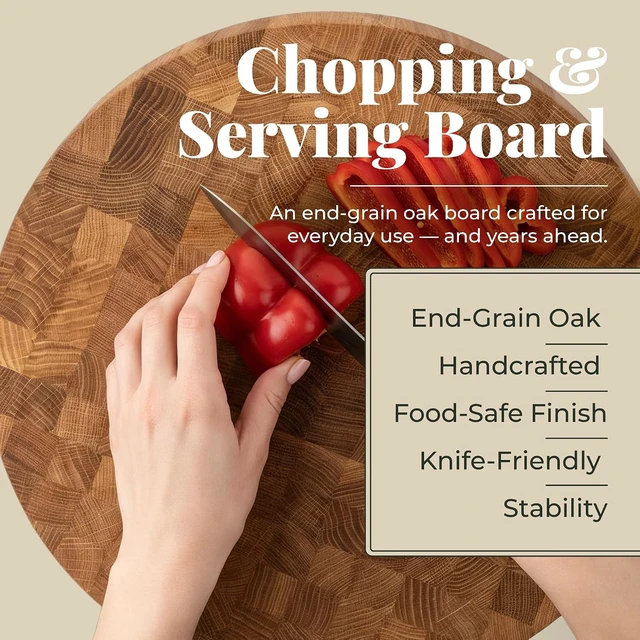 Alt view image 2 of 7 - End Grain 12" Round European Oak Wood Cutting Board, Butcher Block, Wooden Chopping Board with Non-Slip Feet & Handles, Charcuterie Board, Knife-Friendly, Serving Cutting Board for Kitchen