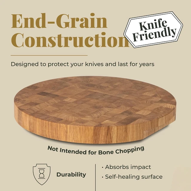 Alt view image 3 of 7 - End Grain 12" Round European Oak Wood Cutting Board, Butcher Block, Wooden Chopping Board with Non-Slip Feet & Handles, Charcuterie Board, Knife-Friendly, Serving Cutting Board for Kitchen