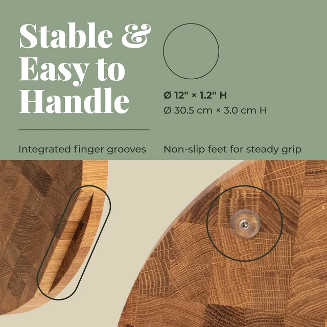 Alt view image 4 of 7 - End Grain 12" Round European Oak Wood Cutting Board, Butcher Block, Wooden Chopping Board with Non-Slip Feet & Handles, Charcuterie Board, Knife-Friendly, Serving Cutting Board for Kitchen
