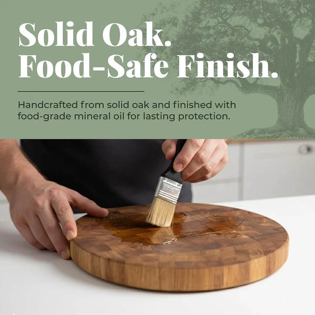 Alt view image 6 of 7 - End Grain 12" Round European Oak Wood Cutting Board, Butcher Block, Wooden Chopping Board with Non-Slip Feet & Handles, Charcuterie Board, Knife-Friendly, Serving Cutting Board for Kitchen