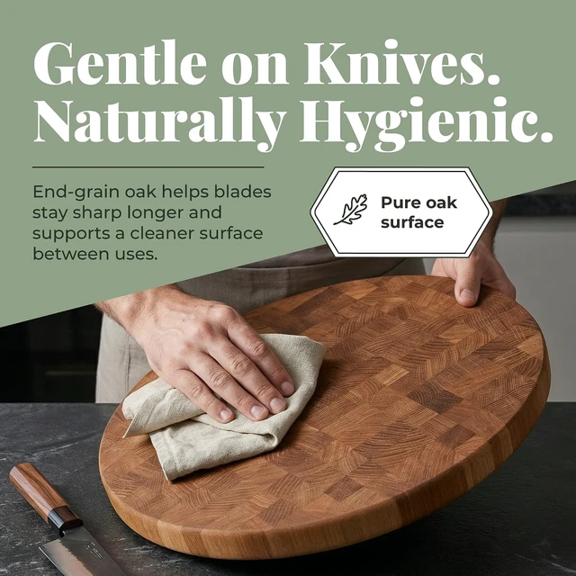 Alt view image 7 of 7 - End Grain 12" Round European Oak Wood Cutting Board, Butcher Block, Wooden Chopping Board with Non-Slip Feet & Handles, Charcuterie Board, Knife-Friendly, Serving Cutting Board for Kitchen
