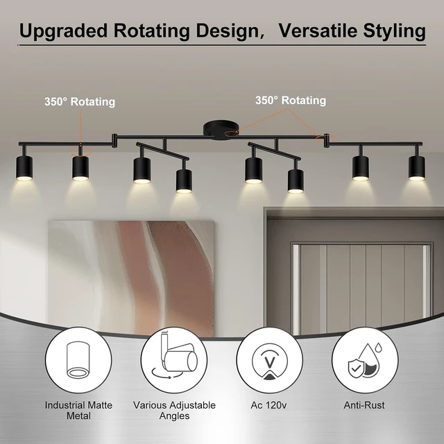 Alt view image 3 of 7 - 8 Light Track Lighting Fixtures Ceiling, Matte Black Kichen Track Lighting Fixtures, Rotatable Light Heads, Adjustable Modern LED Track Lights for Kitchen/Hallway, No GU10 Bulb