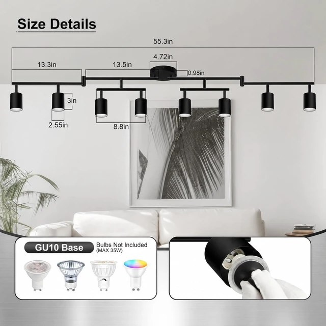 Alt view image 4 of 7 - 8 Light Track Lighting Fixtures Ceiling, Matte Black Kichen Track Lighting Fixtures, Rotatable Light Heads, Adjustable Modern LED Track Lights for Kitchen/Hallway, No GU10 Bulb