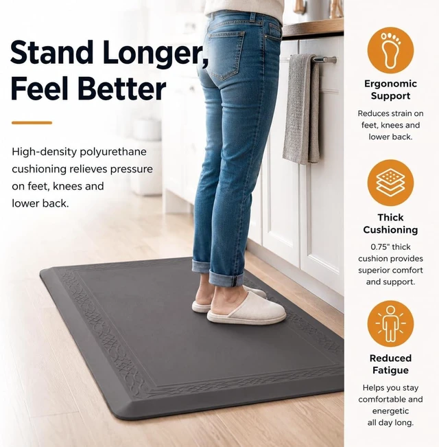 Alt view image 2 of 7 - 24 x 60 Inch Extra Support Anti Fatigue Comfort Kitchen Mat, Waterproof Long Kitchen Runner, Non-Slip Standing Desk Mat, Commercial Pads for Offices, Home, Garages (Bordeaux Grey, 24'' x 60'')