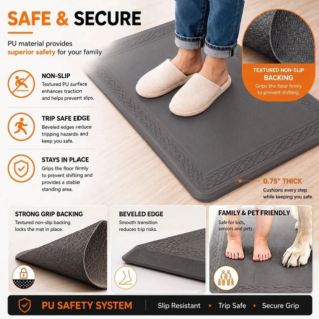 Alt view image 6 of 7 - 24 x 60 Inch Extra Support Anti Fatigue Comfort Kitchen Mat, Waterproof Long Kitchen Runner, Non-Slip Standing Desk Mat, Commercial Pads for Offices, Home, Garages (Bordeaux Grey, 24'' x 60'')