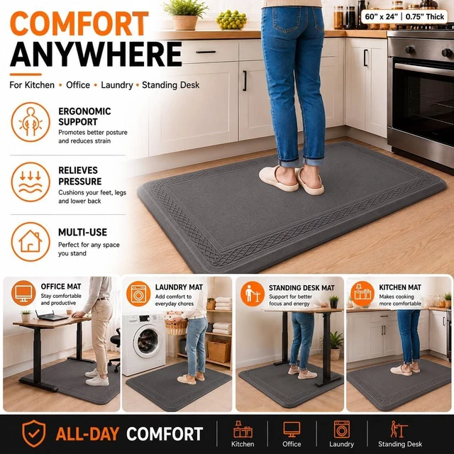 Alt view image 7 of 7 - 24 x 60 Inch Extra Support Anti Fatigue Comfort Kitchen Mat, Waterproof Long Kitchen Runner, Non-Slip Standing Desk Mat, Commercial Pads for Offices, Home, Garages (Bordeaux Grey, 24'' x 60'')