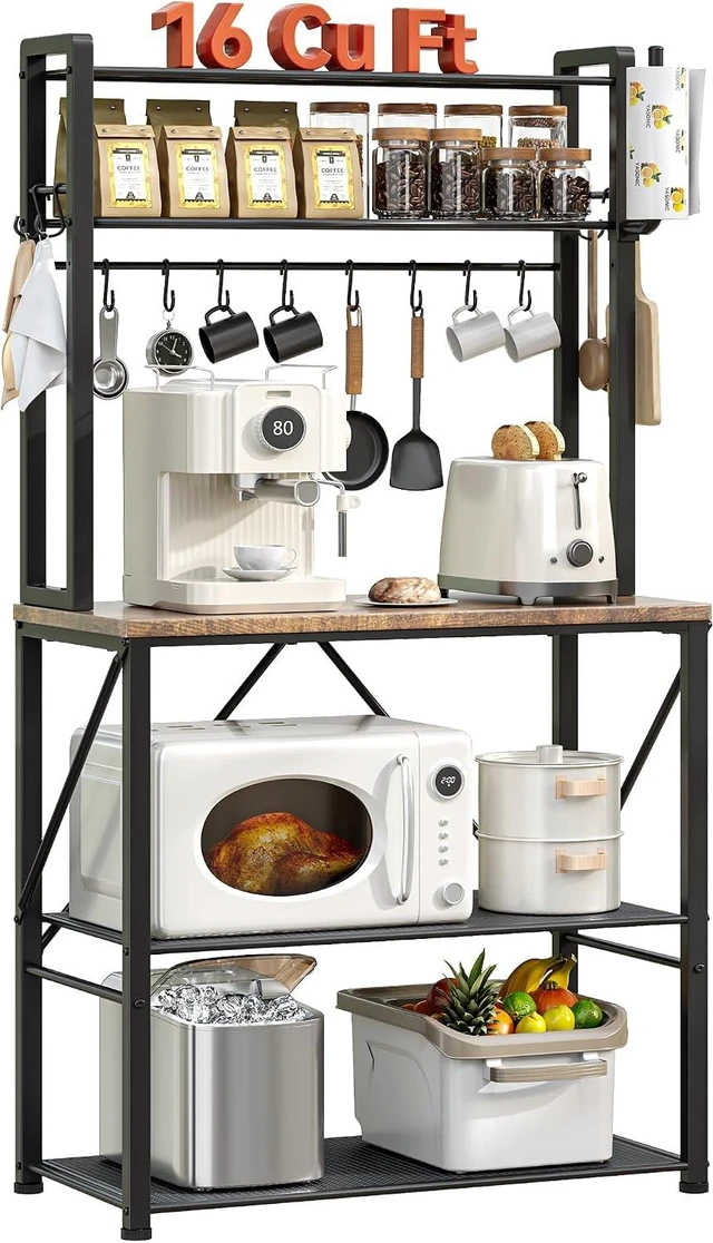 Main image of Coffee Bar, Bakers Rack with Storage, 25.6 Inches Microwave Stand, 5 Tier Kitchen Shelves Appliance Storage, 12 S Hooks Large Coffee Station for Spices, Pots and Pans, Rustic Brown