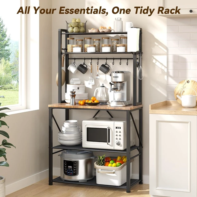 Alt view image 2 of 7 - Coffee Bar, Bakers Rack with Storage, 25.6 Inches Microwave Stand, 5 Tier Kitchen Shelves Appliance Storage, 12 S Hooks Large Coffee Station for Spices, Pots and Pans, Rustic Brown
