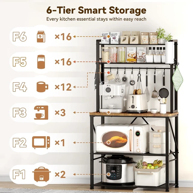 Alt view image 4 of 7 - Coffee Bar, Bakers Rack with Storage, 25.6 Inches Microwave Stand, 5 Tier Kitchen Shelves Appliance Storage, 12 S Hooks Large Coffee Station for Spices, Pots and Pans, Rustic Brown