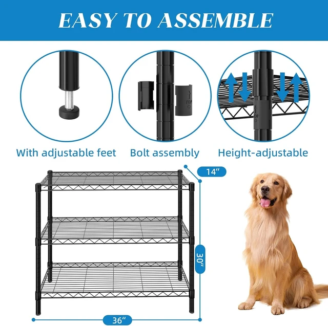 Alt view image 3 of 7 - 3-Shelf Adjustable Metal Wire Shelving,Black,36"L x 14"W x 30"H