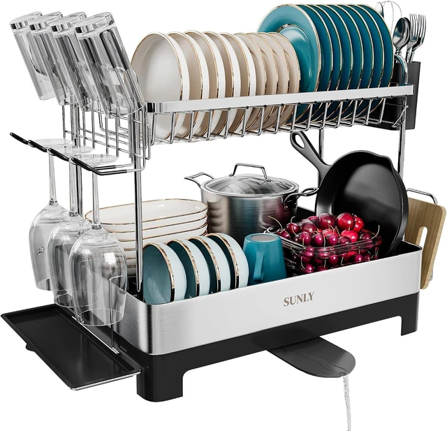 Main image of 2 Tier Dish Drying Rack, Extra Large Dish Rack, Multifunctional Large Dish Drainers for Kitchen Counter, 304 Stainless Steel Kitchen Drying Rack, Bowl Drying Rack, Extendable Drain Spout, Black
