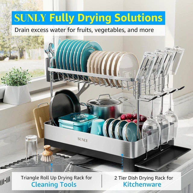 Alt view image 2 of 7 - 2 Tier Dish Drying Rack, Extra Large Dish Rack, Multifunctional Large Dish Drainers for Kitchen Counter, 304 Stainless Steel Kitchen Drying Rack, Bowl Drying Rack, Extendable Drain Spout, Black