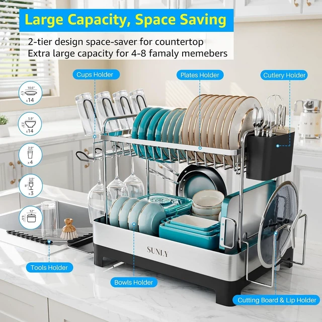 Alt view image 3 of 7 - 2 Tier Dish Drying Rack, Extra Large Dish Rack, Multifunctional Large Dish Drainers for Kitchen Counter, 304 Stainless Steel Kitchen Drying Rack, Bowl Drying Rack, Extendable Drain Spout, Black
