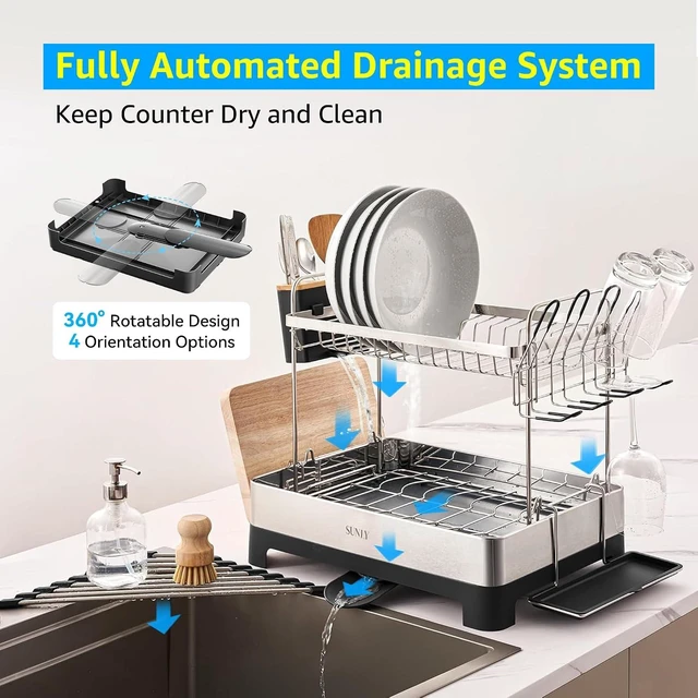 Alt view image 4 of 7 - 2 Tier Dish Drying Rack, Extra Large Dish Rack, Multifunctional Large Dish Drainers for Kitchen Counter, 304 Stainless Steel Kitchen Drying Rack, Bowl Drying Rack, Extendable Drain Spout, Black
