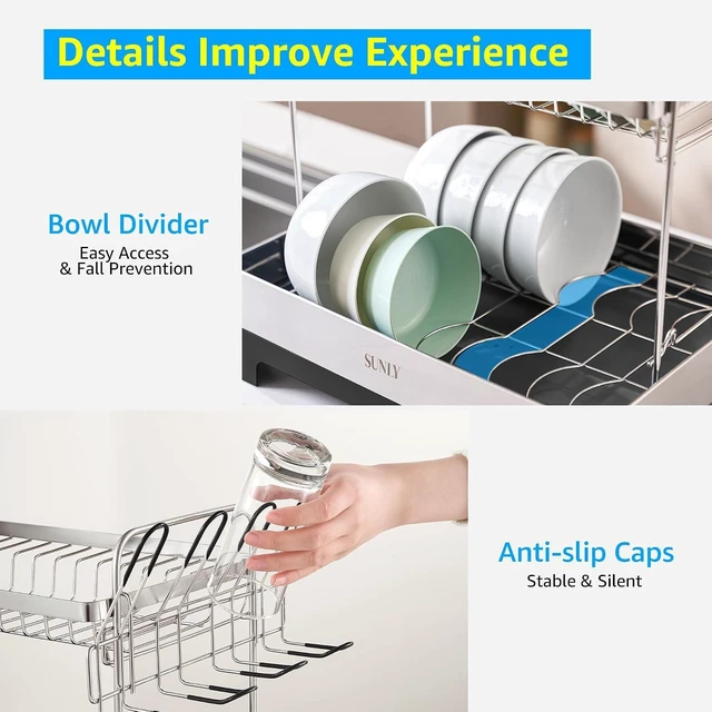 Alt view image 7 of 7 - 2 Tier Dish Drying Rack, Extra Large Dish Rack, Multifunctional Large Dish Drainers for Kitchen Counter, 304 Stainless Steel Kitchen Drying Rack, Bowl Drying Rack, Extendable Drain Spout, Black
