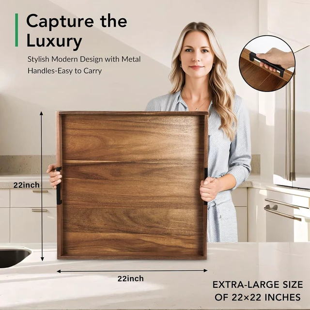 Alt view image 2 of 7 - Large Ottoman Tray for Living Room and Coffee Table, Decorative Acacia Wood Serving Tray with Metal Handles for Breakfast in Bed, Dinner Food Kitchen TV (Natural, 22" x 22" x 2")