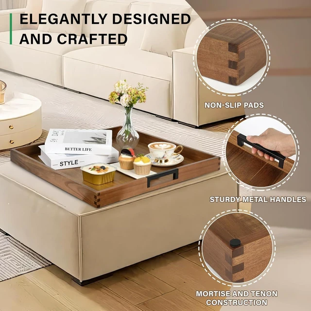Alt view image 3 of 7 - Large Ottoman Tray for Living Room and Coffee Table, Decorative Acacia Wood Serving Tray with Metal Handles for Breakfast in Bed, Dinner Food Kitchen TV (Natural, 22" x 22" x 2")