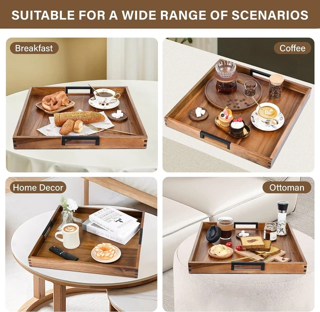 Alt view image 6 of 7 - Large Ottoman Tray for Living Room and Coffee Table, Decorative Acacia Wood Serving Tray with Metal Handles for Breakfast in Bed, Dinner Food Kitchen TV (Natural, 22" x 22" x 2")