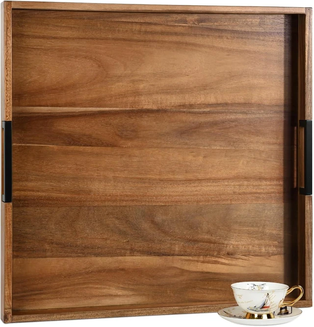Alt view image 7 of 7 - Large Ottoman Tray for Living Room and Coffee Table, Decorative Acacia Wood Serving Tray with Metal Handles for Breakfast in Bed, Dinner Food Kitchen TV (Natural, 22" x 22" x 2")