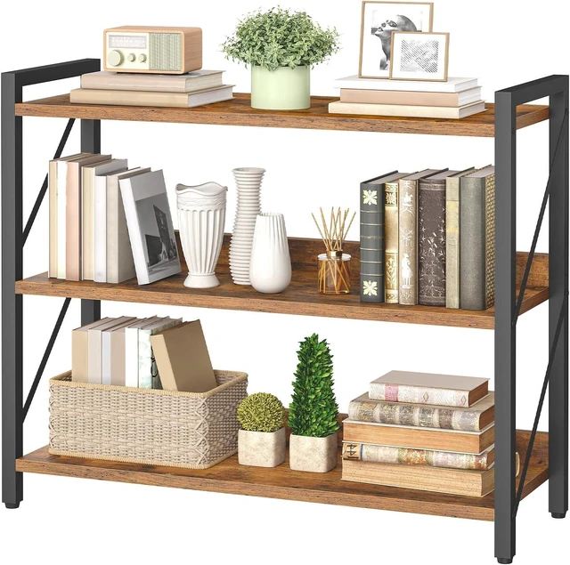 Main image of Bookshelf, 3-Tier Industrial Bookcase, Book Shelf Storage Organizer, Bookshelf with Metal Frame for Living Room, Bedroom, Home Office, Kitchen, Rustic Brown and Black BF718SJ01