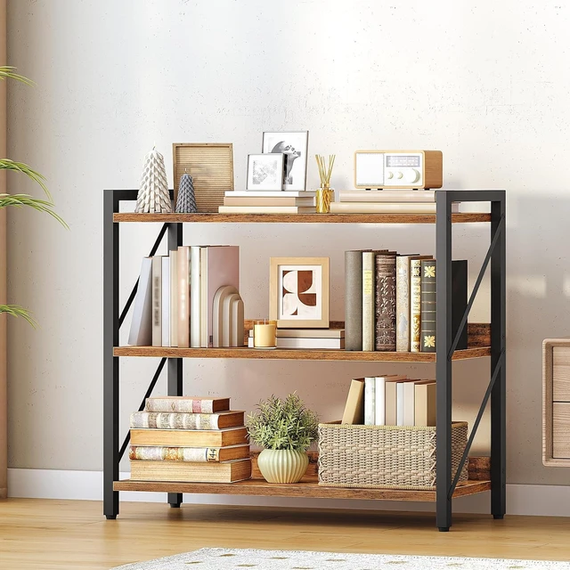 Alt view image 2 of 7 - Bookshelf, 3-Tier Industrial Bookcase, Book Shelf Storage Organizer, Bookshelf with Metal Frame for Living Room, Bedroom, Home Office, Kitchen, Rustic Brown and Black BF718SJ01