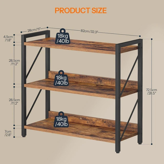 Alt view image 3 of 7 - Bookshelf, 3-Tier Industrial Bookcase, Book Shelf Storage Organizer, Bookshelf with Metal Frame for Living Room, Bedroom, Home Office, Kitchen, Rustic Brown and Black BF718SJ01