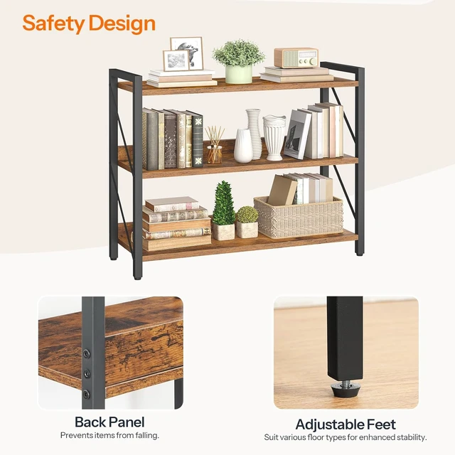 Alt view image 6 of 7 - Bookshelf, 3-Tier Industrial Bookcase, Book Shelf Storage Organizer, Bookshelf with Metal Frame for Living Room, Bedroom, Home Office, Kitchen, Rustic Brown and Black BF718SJ01