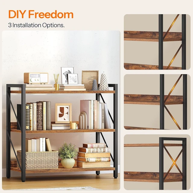 Alt view image 7 of 7 - Bookshelf, 3-Tier Industrial Bookcase, Book Shelf Storage Organizer, Bookshelf with Metal Frame for Living Room, Bedroom, Home Office, Kitchen, Rustic Brown and Black BF718SJ01