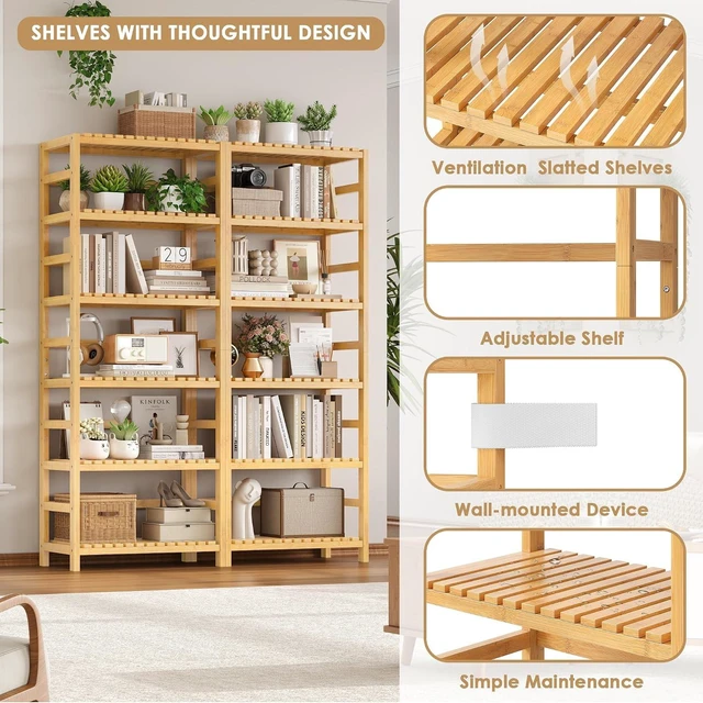 Alt view image 6 of 7 - 6-Tier Bamboo Shelf with Adjustable Shelves, Bamboo Kitchen Cabinet