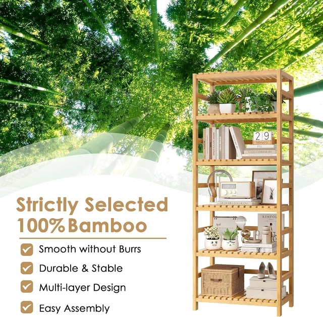 Alt view image 7 of 7 - 6-Tier Bamboo Shelf with Adjustable Shelves, Bamboo Kitchen Cabinet