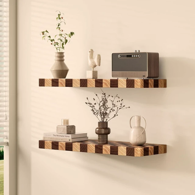 Alt view image 2 of 7 - Floating Shelves for Wall, 16 Inch Solid Wood Checkered Wall Shelves