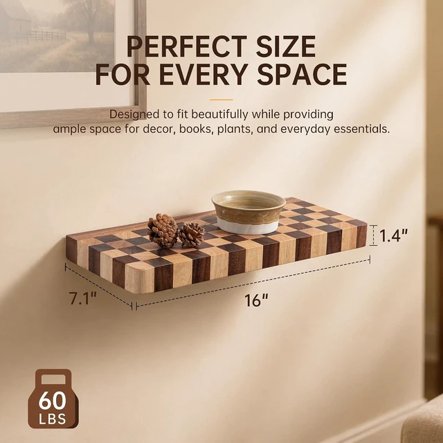 Alt view image 3 of 7 - Floating Shelves for Wall, 16 Inch Solid Wood Checkered Wall Shelves