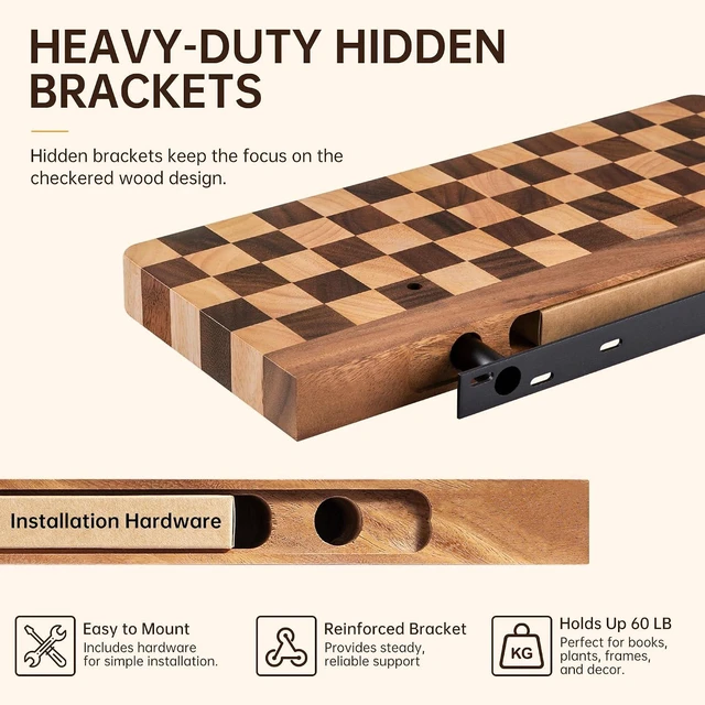 Alt view image 4 of 7 - Floating Shelves for Wall, 16 Inch Solid Wood Checkered Wall Shelves