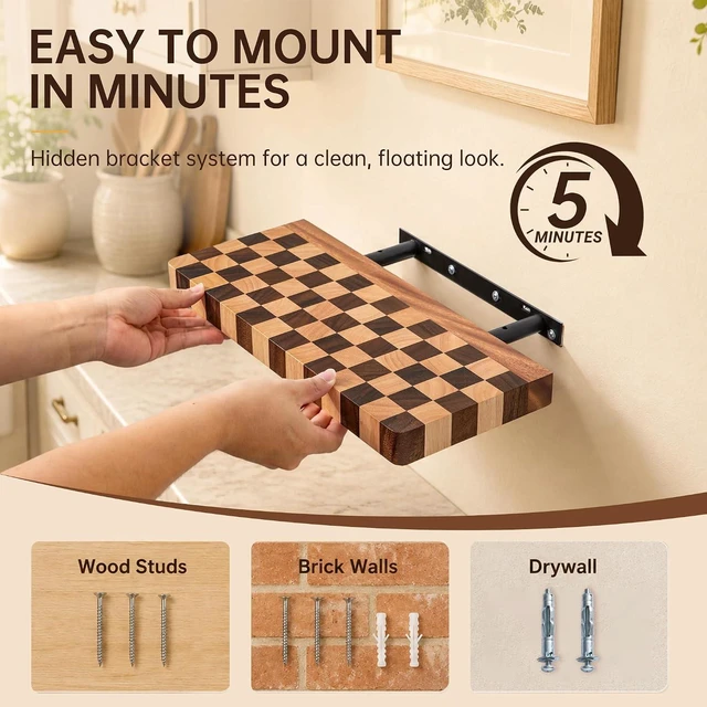 Alt view image 5 of 7 - Floating Shelves for Wall, 16 Inch Solid Wood Checkered Wall Shelves