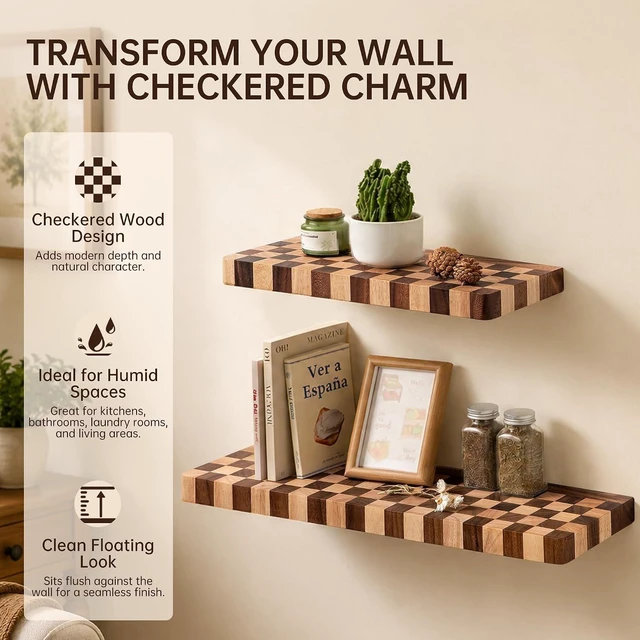 Alt view image 6 of 7 - Floating Shelves for Wall, 16 Inch Solid Wood Checkered Wall Shelves