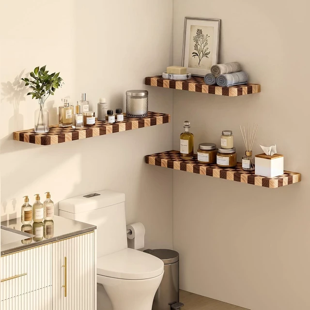 Alt view image 7 of 7 - Floating Shelves for Wall, 16 Inch Solid Wood Checkered Wall Shelves