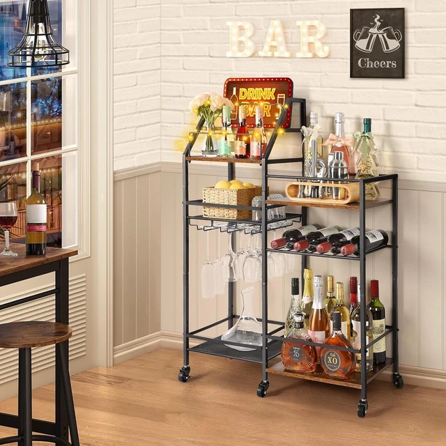Alt view image 2 of 7 - Rolling Bar Cart with Wine Glass Holder, Bar Carts for The Home, Bar Stand for Home, Small Mini Bar for Whiskey Wine, Liquor Cart for Home Bar, Alcohol Cabinet for Bar, Kitchen, Dining Room