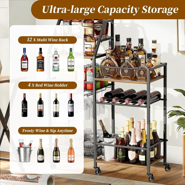 Alt view image 4 of 7 - Rolling Bar Cart with Wine Glass Holder, Bar Carts for The Home, Bar Stand for Home, Small Mini Bar for Whiskey Wine, Liquor Cart for Home Bar, Alcohol Cabinet for Bar, Kitchen, Dining Room