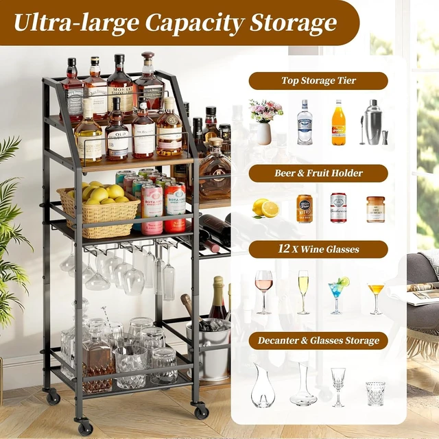 Alt view image 3 of 7 - Rolling Bar Cart with Wine Glass Holder, Bar Carts for The Home, Bar Stand for Home, Small Mini Bar for Whiskey Wine, Liquor Cart for Home Bar, Alcohol Cabinet for Bar, Kitchen, Dining Room