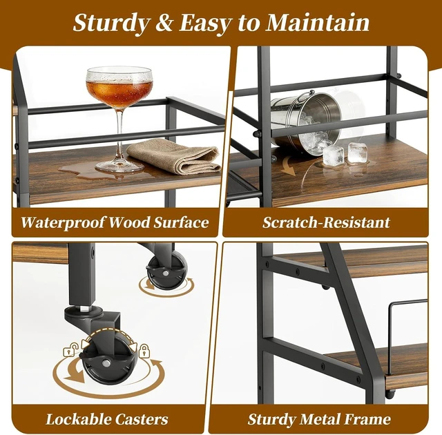 Alt view image 6 of 7 - Rolling Bar Cart with Wine Glass Holder, Bar Carts for The Home, Bar Stand for Home, Small Mini Bar for Whiskey Wine, Liquor Cart for Home Bar, Alcohol Cabinet for Bar, Kitchen, Dining Room