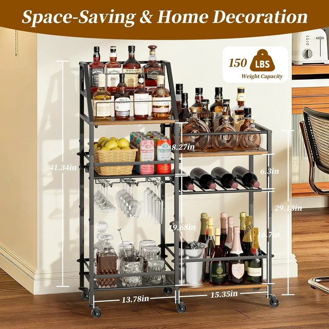 Alt view image 7 of 7 - Rolling Bar Cart with Wine Glass Holder, Bar Carts for The Home, Bar Stand for Home, Small Mini Bar for Whiskey Wine, Liquor Cart for Home Bar, Alcohol Cabinet for Bar, Kitchen, Dining Room